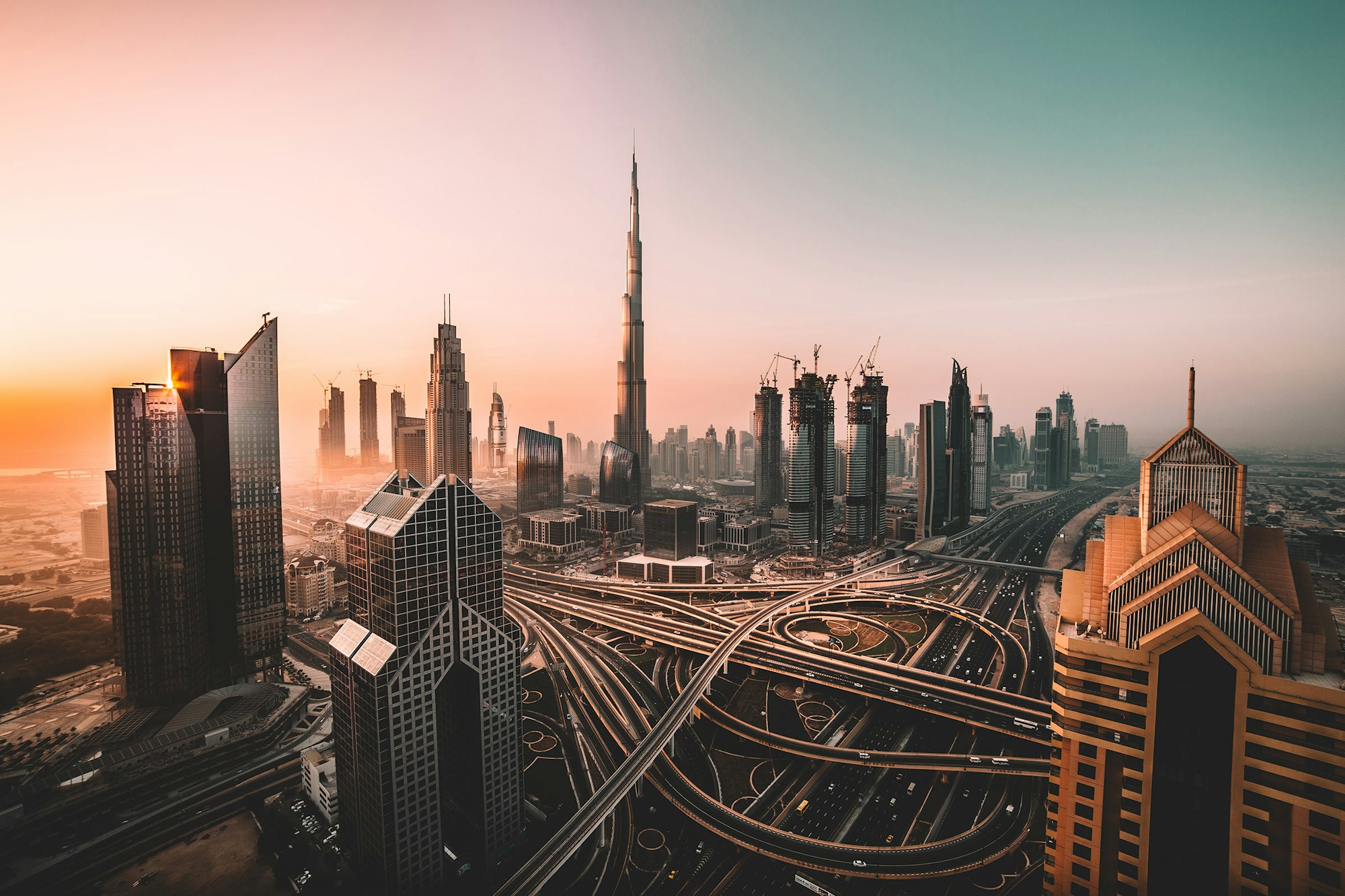 Dubai skyline and Burj Khalifa in the warm evening light